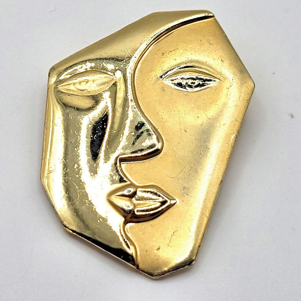 The Kissing Faces Brooch Modernist Two Faced Gold Tone Pin Expression of Love 2" - Picture 1 of 3